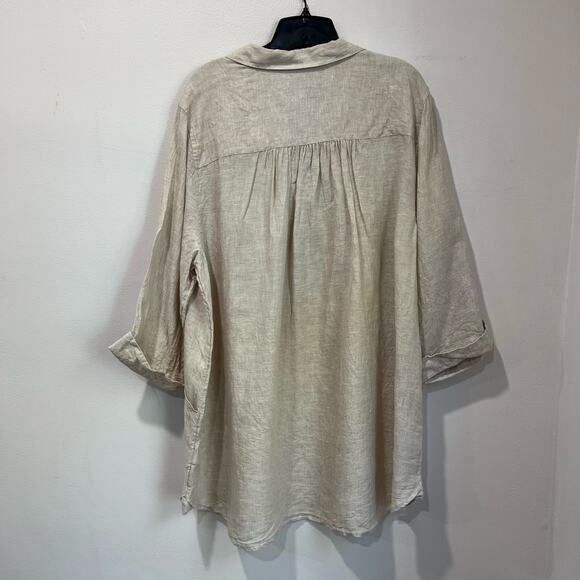 Tahari 100% Linen Beige V-Neck Tunic Top Size 2X Relaxed Fit Minimalist Neutral - Picture 2 of 6